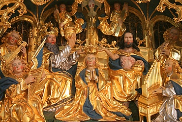 Golden oak retable showing Mary's coronation, dating from the 16th century, Kerdevot church, Kerdevot, Finistere, Brittany, France, Europe