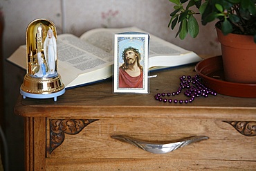 Religious paraphernalia in a bedroom, Chedde, Haute Savoie, France, Europe