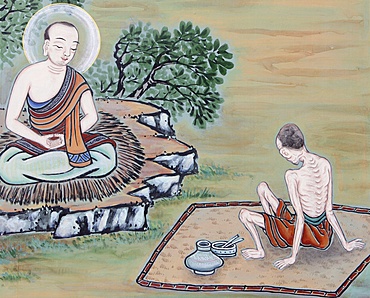 Detail of a wall painting of the Life of the Buddha, showing Prince Siddartha encountering old age, sickness, death, and an ascetic spiritual seeker, Seoul, South Korea, Asia