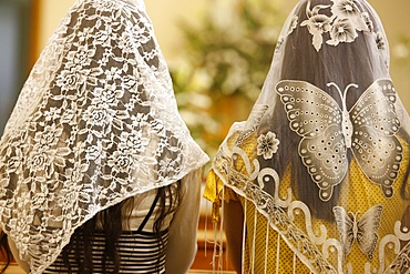 Women wearing embroidered veils at Holy Mass, Beit Jala, West Bank, Palestine National Authority, Middle East