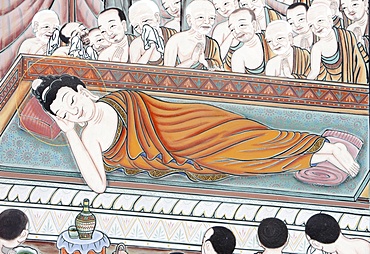 After 45 years of teaching the Dharma, the Buddha passed into Parinirvana, scene from the Life of Buddha, Seoul, South Korea, Asia