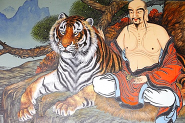 Painting of monk and tiger, Seoul, South Korea, Asia