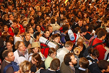 Young pilgrims outside Notre Dame cathedral during Pope Benedict XVI 's visit to France, Paris, France, Europe