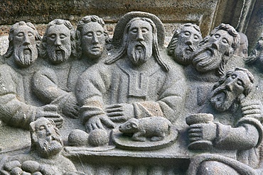 The Last Supper, a scene from the Life of Jesus on the Guimiliau calvary, Guimiliau, Finistere, Brittany, France, Europe