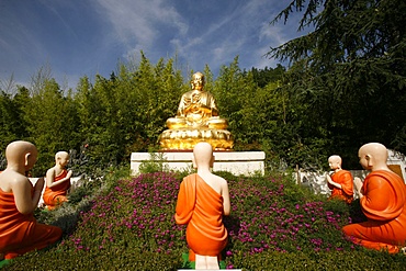 Statues of Buddha with his disciples in Benares, Sainte-Foy-Les-Lyon, Rhone, France, Europe