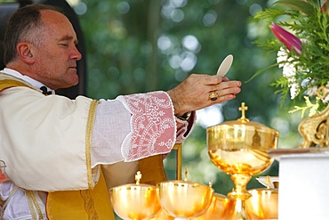 Mgr Bernard Fellay, head of Saint Pie X Fraternity, celebrating Mass during a traditional Catholic pilgrimage, Villepreux, Yvelines, France, Europe