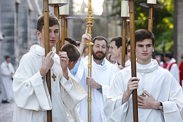 Altar boys outside Notre Dame de Paris Cathedral, Paris, France, Europe