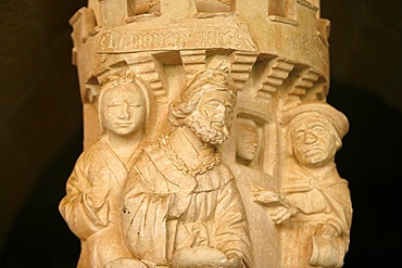 Sculpture of Lazarus and the rich man in the cloister of Cadouin Abbey, Cadouin, Dordogne, France, Europe