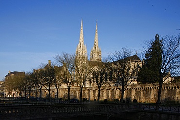 Saint-Corentin cathedral spires, Quimper, Finistere, Brittany, France, Europe