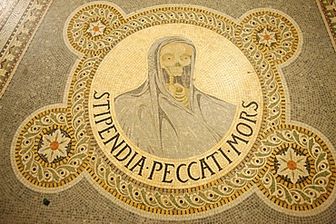 Mosaic of skull depicting Stipendium peccati mors (the wages of sin is death) in Fourvi?re basilica, Lyon, Rhone, France, Europe