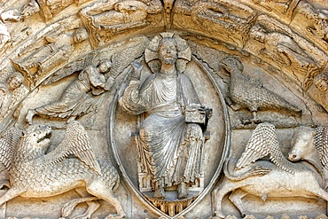 Sculpture of Royal Gate, central tympanum, Chartres Cathedral, UNESCO World Heritage Site, Chartres, Eure et Loir, France, Europe