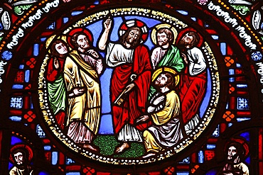 Stained glass in Ainay Basilica depicting Jesus giving keys to St. Peter, Lyon, Rhone, France, Europe