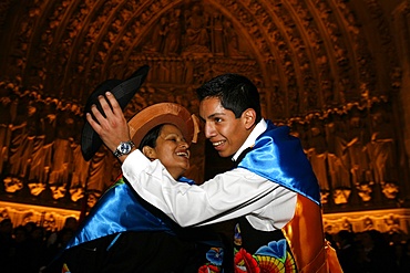 Peruvian dancing outside Notre Dame de Paris cathedral, Paris, France, Europe