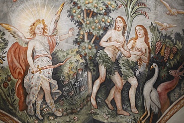 Fresco of the Expulsion of Adam and Eve from the Garden of Eden in Maglie church, Lecce, Italy, Europe