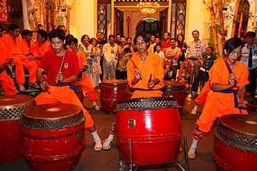 Drum and percussion music for the traditional Chinese New Year Lion Dance, Ho Chi Minh City, Vietnam, Indochina, Southeast Asia, Asia