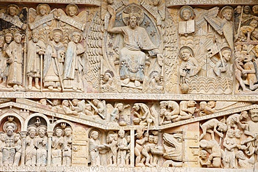 Tympanum showing Christ in Glory and the Last Judgment, Sainte Foy Abbey church, Conques, Aveyron, Massif Central, France, Europe