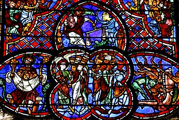 Stained glass of the Last Judgment in Bourges cathedral, Bourges, Cher, France, Europe