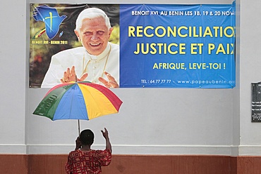 Poster of Pope Benedict's visit to Benin, Ouidah, Benin, West Africa, Africa