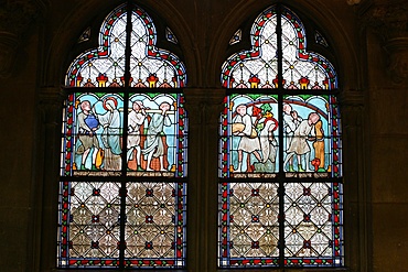 Stained glass depicting Sainte Genevieve's life, cloister of Notre-Dame de Paris cathedral, Paris, France, Europe