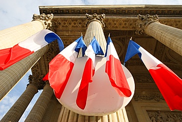 French flags outside the Pantheon, Paris, France, Europe