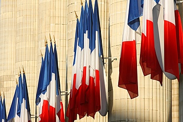 French flags outside the Pantheon, Paris, France, Europe