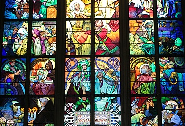 St. Vitus's Cathedral. stained glass of St. Cyril and Methodius by Alfons Mucha, Prague, Czech Republic, Europe