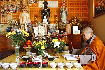 Buddhist ceremony at Ancestors' altar, Tu An Buddhist temple, Saint-Pierre-en-Faucigny, Haute Savoie, France, Europe