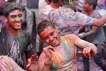 Men celebrating Holi festival, Barsana, Uttar Pradesh, India, Asia