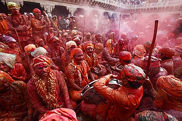 Barsana villagers celebrating Holi in Nandgaon, Uttar Pradesh, India, Asia