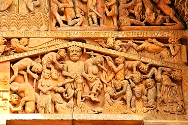 Detail of the tympanum depicting the Last Judgment and Hell, Sainte-Foy de Conques abbey church, Conques, Aveyron, Midi-Pyrenees, France, Europe