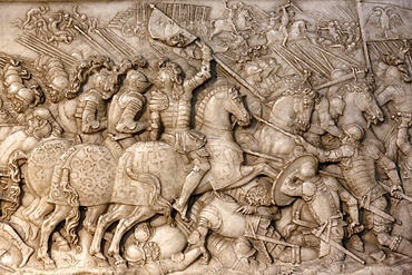 Foundation's low relief on the tomb of Francis 1 King of France and Claude of France depicting the battle of Cerisoles, with the French cavalry facing the Imperial troops, Basilica of St. Denis, Seine-St. Denis, Paris, France, Europe