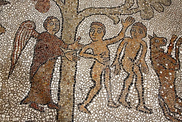 Mosaic of Adam and Eve after the fall, on the floor of the central nave, Otranto Duomo (Cathedral), Otranto, Lecce, Apulia, Italy, Europe