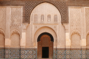 The inner courtyard of the Ben Youssef Medersa, the largest Medersa in Morocco, originally a religious school founded under Abou el Hassan. UNESCO World Heritage Site, Marrakech, Morocco, North Africa, Africa