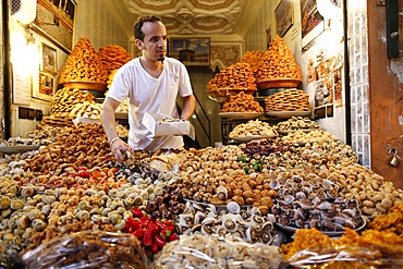 Sweets and pastries on market stall, Marrakech, Morocco, North Africa, Africa