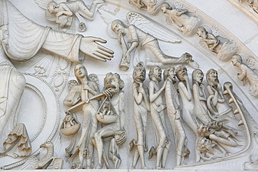 Detail of the Last Judgment depicted on the tympanum of the Vezelay Basilica, UNESCO World Heritage Site, Vezelay, Yonne, Burgundy, France, Europe