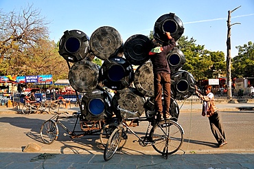 Men carrying water tanks on a bicycle rickshaw, Jaipur, Rajasthan, India, Asia