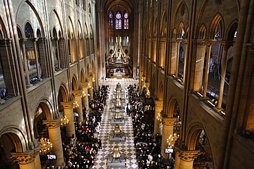 New bells temporarily displayed in the nave of Notre Dame cathedral, Paris, France, Europe