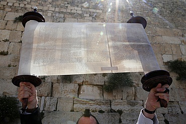 A ceremonial reading of the Torah from Torah scroll under the Western Wall, Jerusalem, Israel, Middle East