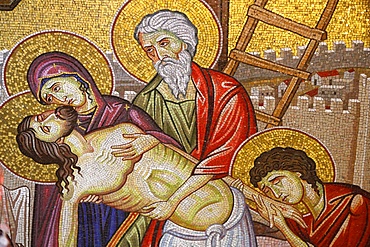 Detail of mosaic of the Burial of Jesus Christ showing Jesus taken down from the cross, Holy Sepulchre Church, Jerusalem, Israel, Middle East