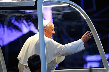 Pope Francis waves to the crowd while riding in the Popemobile, World Youth Day 2013, Rio de Janeiro, Brazil, South America