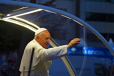 Pope Francis waves to the crowd while riding in the Popemobile, World Youth Day 2013, Rio de Janeiro, Brazil, South America