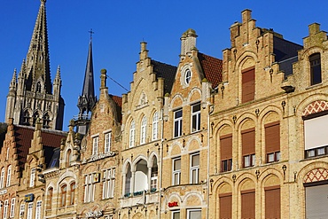 Cathedral spire and Flemish houses in Ypres, West Flanders, Belgium, Europe