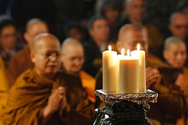 Buddhist monks during Wesak (Buddha's birthday, awakening and nirvana) celebration at the Great Buddhist Temple (Grande Pagode de Vincennes), France, Europe