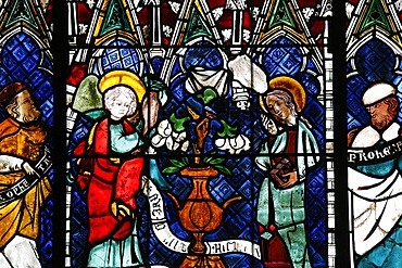 Stained glass window dating from the 14th century depicting the Announcement made to Mary, Our Lady of Strasbourg Cathedral, Strasbourg, Bas-Rhin, Alsace, France, Europe