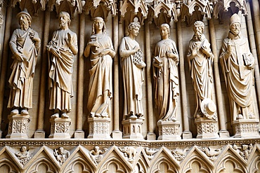 Portal of the Virgin dating from the 13th century, showing from left to right St. Joachim, St. Joseph, St. Lucia, St. Lawrence, St. Cecilia, St. Jerome and St. Arnold, Metz Cathedral, Metz, Lorraine, France, Europe