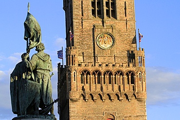 Arms, Kingdom of Belgium, Belfry of Bruges, viewed from the Grand Place, Bruges, Belgium, Europe