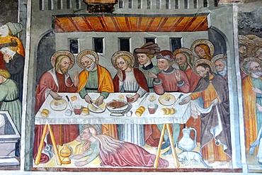 A 16th century painting depicting a meal at Lazarus's house, St. Antony's chapel in Bessans, Savoie, France, Europe