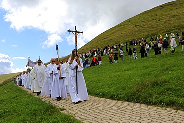 Blessed Sacrament procession, Holy Mass on the solemnity of the Assumption of the blessed Virgin Mary, Shrine of Our Lady of La Salette, La Salette-Fallavaux, Isere, France, Europe