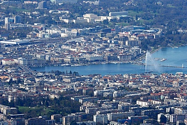 Lake Geneva and water jet, the world's tallest fountain, Geneva, Switzerland, Europe