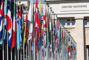 The flag lined approach to the entrance to the United Nations' Headquarters in Geneva, Switzerland, Europe